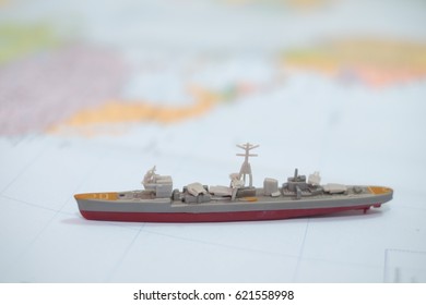 Toy Battleship,Military Ship  On Map With North Korean War.