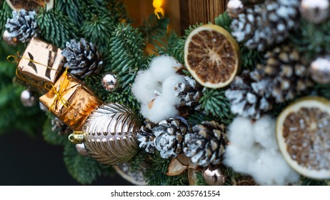 Toy bauble and snowflake hanging as decorations on a green Christmas tree. Stylish rustic christmas garland with pine cones, fir branches, snow and balls. - Powered by Shutterstock