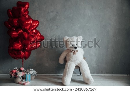 Toy Bear with Balloons and Holiday Gifts