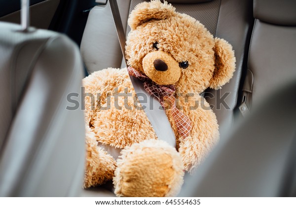 the toy bear fastened by a seat belt in the car
for protection and safety