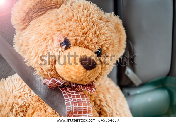 the toy bear fastened by a seat belt in the car\
for protection and safety
