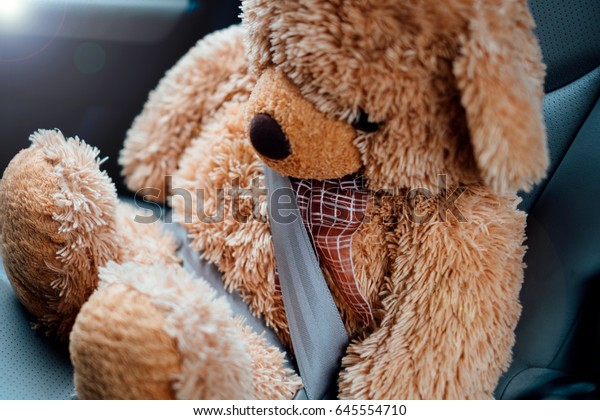 the toy bear fastened by a seat belt in the car\
for protection and safety