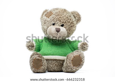 Toy brown bear in green sweater isolated on white background