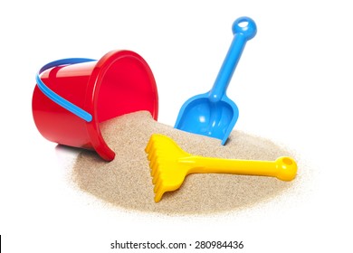 Toy bucket rake and spade isolated on white background - Powered by Shutterstock