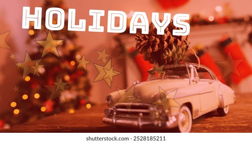 A toy car carrying pine cone sits in front of holiday decorations. Bright stars add a festive touch to warm, cozy ambiance - Powered by Shutterstock