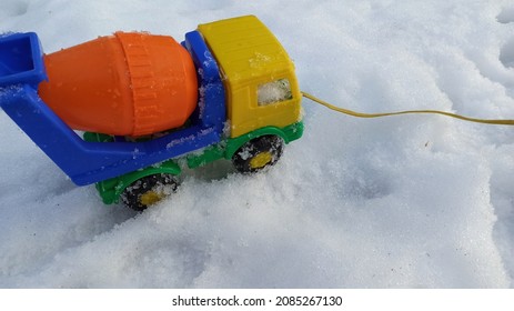 Toy Car In The Snow,  Toy Concrete Mixer Truck, Winter Toys Outdoor, Toy Truck In Snow