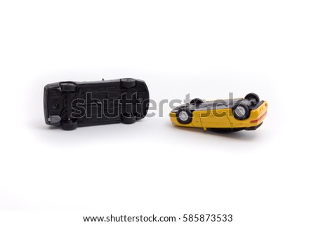 Toy cars collided white background.