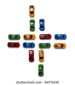 Toy Cars In A Row Isolated On White Background With Clipping Path