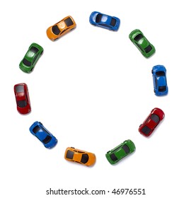 Toy Cars In A Row Isolated On White Background With Clipping Path