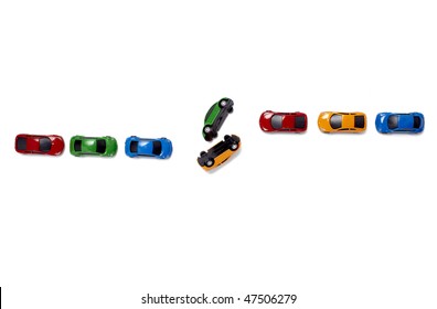 Toy Cars In A Row Isolated On White Background With Clipping Path