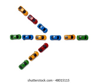 Toy Cars In A Row Isolated On White Background With Clipping Path