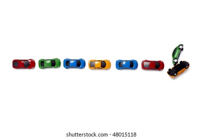 Toy Cars In A Row Isolated On White Background With Clipping Path