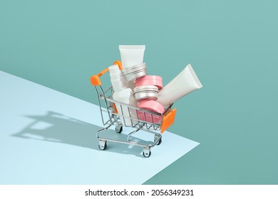 Toy cart with cosmetics, buying cosmetic products in the store. - Shutterstock ID 2056349231