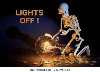 A toy cheerful human skeleton is kneeling by a large dimly lit light bulb, holding the last pennies for expensive electricity. Text in the photo - Lights off.