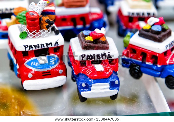 Toy chicken bus for sale as souvenir at\
Panama City market, Panama, Central\
America