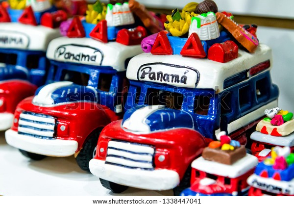Toy chicken bus for sale as souvenir at\
Panama City market, Panama, Central\
America