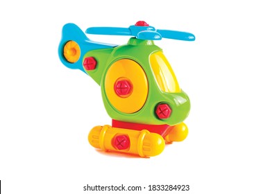 toy children's helicopter ON A WHITE BACKGROUND, HORIZONTAL ORIENTATION, ISOLATED