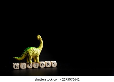 Toy Dinosaur Stands On Cubes With The Inscription Toriya. The Concept Of Studying History, The Mesozoic Era And Ancient Reptiles. Black Background. Copy Space. Close-up