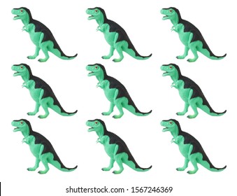 Toy dinosaurs throughout the frame  Top view  Isolated white 