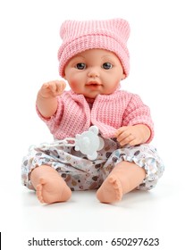 Toy Doll Child, In Pink Blouse With Pacifier On Isolated Background