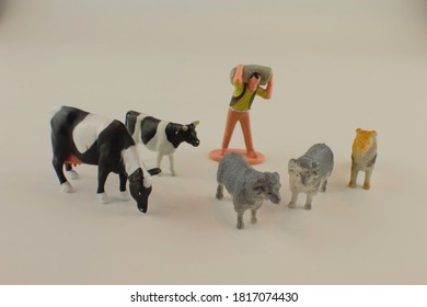 Toy Farm Animals. A Group Of Colourful Toy Farm Animals With Copy Space