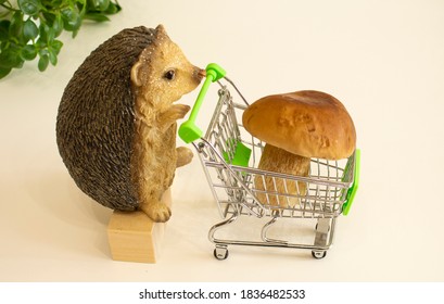 A Toy Funny Hedgehog Is Carrying A Shopping Basket With Mushrooms.