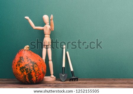 toy gardener with tools next to a huge pumpkin