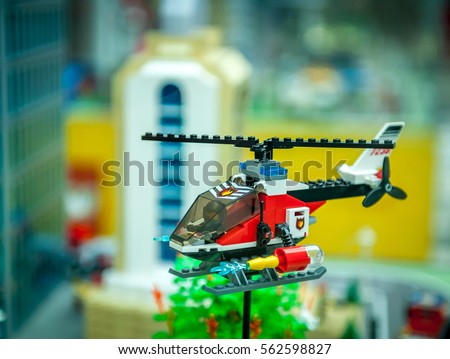 toy helicopter. Lego blocks. Toys from bricks for playing. Educational toys for preschool and kindergarten child. 