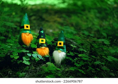 toy irish gnomes in mystery forest, abstract green natural background. magic friends dwarfs and fantasy nature. fairy tale image. harmony beautiful spring or summer season. symbol of Ireland