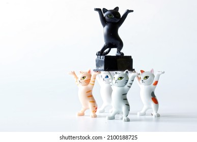 Toy Kittens Are Dancing With A Black Coffin. Concept Of A Funeral Procession Dancing With A Coffin. White Background. Stay At Home Or Dance With Us. Call For Self-isolation During A Pandemic. Close-up