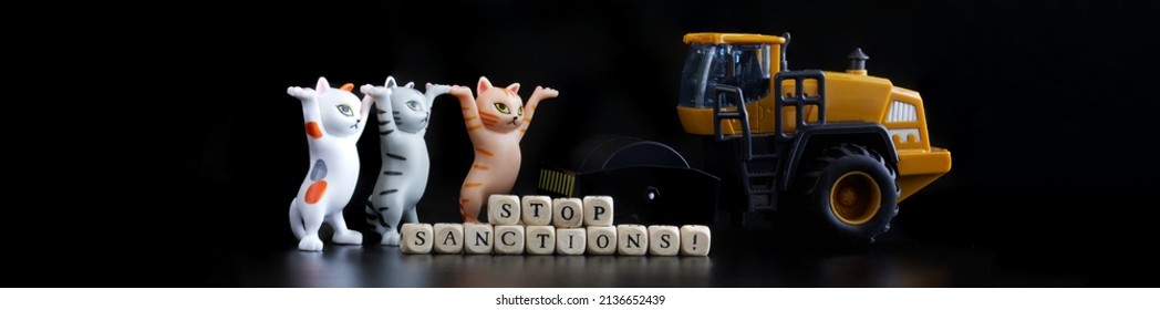 Toy kittens rally against the sanctions aimed at ordinary citizens. Stop sanctions! Give people, stockers and contributors, the opportunity to earn. Web banner. Black background