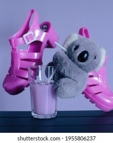 Toy Koala Hanging On The Cocktail With The Pink Jellies Shoes