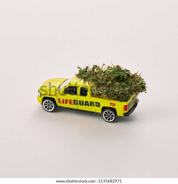 Toy lifeguard pickup automobile with dry marijuana\
bud isolated on white background. Light drug and addiction. Fun\
party beach concept. Natural homemade organic cannabis. Copy\
space