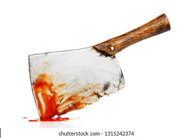toy meat cleaver with blood isolated on white, murder concept