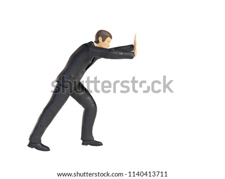 toy miniature businessman pushing figure lifting, figurine concept isolated on white background