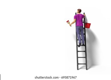 toy miniature figurine character with ladder and red paint in front of a wall