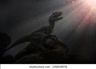 toy photography of Dinosaur facing extinction with meteor shower thunder lighting and volcano eruption and fire, end of the world of dinosaurs