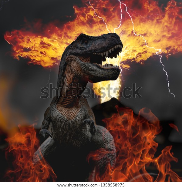 toy photography of Dinosaur facing extinction\
with meteor shower thunder lighting and volcano eruption and fire,\
end of the world of\
dinosaurs