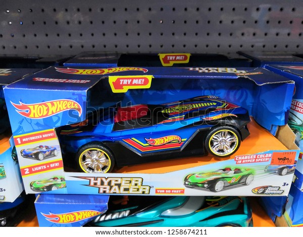 Toy R\
Us, Selangor, Malaysia - November, 2018 : Hot Wheels Kids toys at\
Toys R Us store. Hot Wheels is a brand scale die-cast toy cars\
introduced by American toy maker Mattel in\
1968. 
