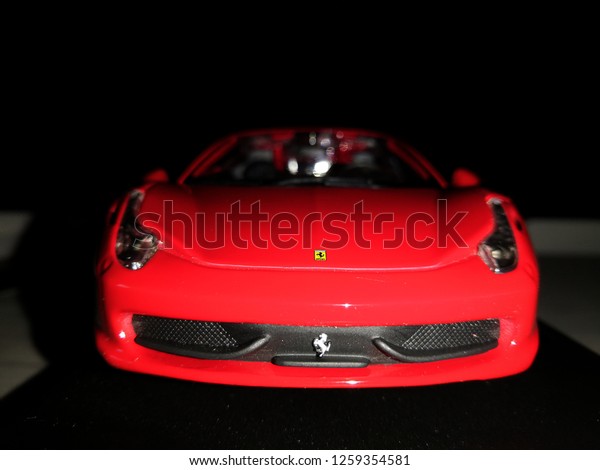 Toy R Us, Selangor, Malaysia - December 2018:\
Closeup Ferrari toy kids made by Burago display for sale in toy\
store.Selective focus. Ferrari is an Italian luxury sports car\
manufacturer in Maranello