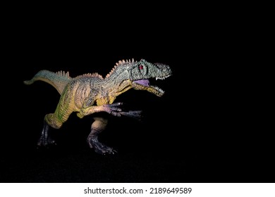 Toy Raptor On A Black Background. Figurine Of A Predatory Dinosaur On The Hunt