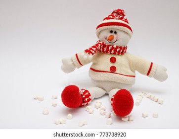 Toy Of Snowman Isolated On White Marshmellow Background.