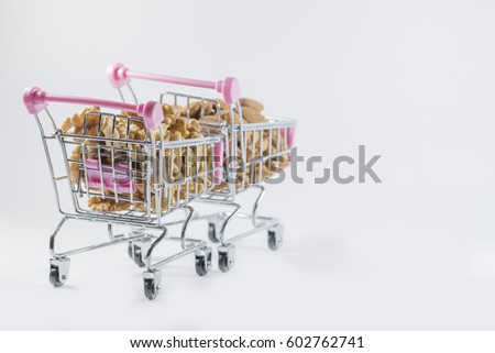 Toy supermarket car, loaded with almond walnut