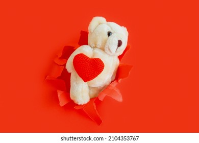  Toy teddy bear climbs out of torn paper holes with love heart symbol for Valentine's Day Isolated on red color background. Teddy bear holding Hug red heart in paws. Minimalistic love concept