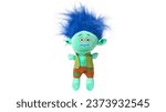 Toy troll with blue hair isolated on white background. High quality photo