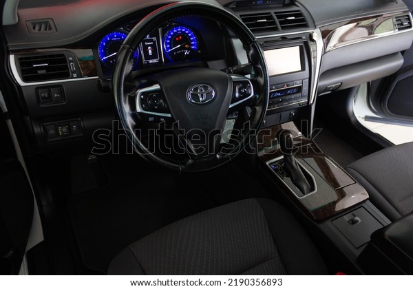 Toyota Camry\
interior. Salon of a new modern car. Control panel, steering wheel.\
(July 20, 2022, Uzhhorod,\
Ukraine)