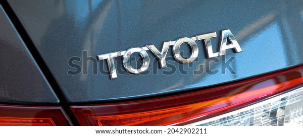 Toyota chrome metal logo, luxury car in Istanbul\
city, Turkey
