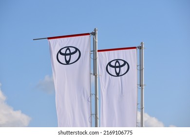 Toyota Flags With Emblems At Toyota Okecie Car Dealer Salon. WARSAW, POLAND - AUGUST 21, 2021