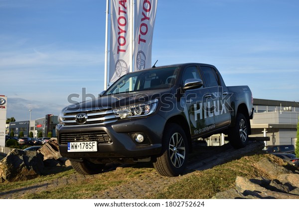 Toyota Hilux, blue\
pickup truck, exposition near Toyota Okecie building. WARSAW,\
POLAND - AUGUST 20, 2020