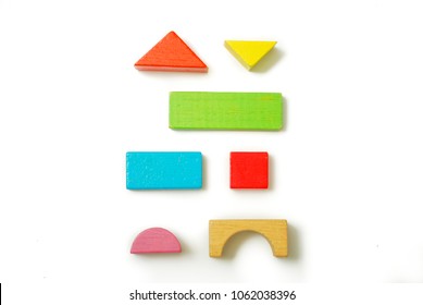 Toys Blocks, Multicolor Wooden Bricks, Children Colorful Building Game Pieces Of Kids Organize Toy. Flat Lay And Isolated White Background